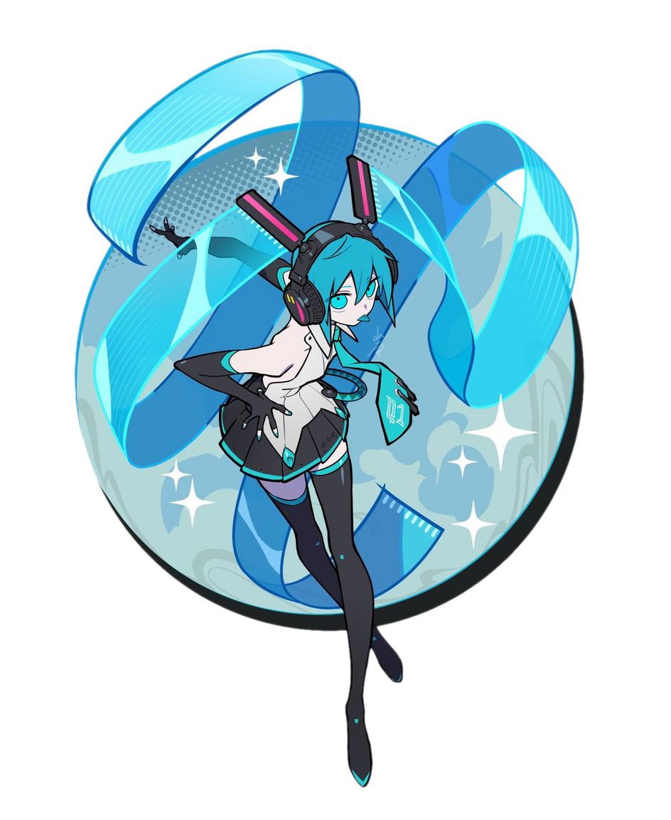 an image of Hatsune Miku, a girl with pale skin, blue eyes, and long blue hair in two large pigtails, with her pigtails replaced by strips of a thin slightly transparent material. She is standing in front of a stylized moon, with her twin tails flowing aro