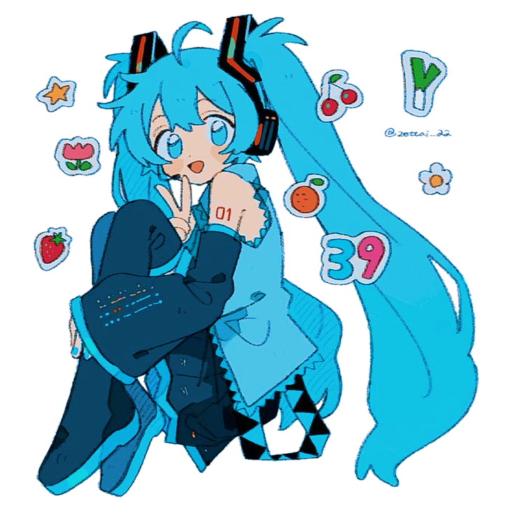 an image of Hatsune Miku, a girl with pale skin, blue eyes, and long blue hair in two large pigtails, with her pigtails replaced by strips of a thin slightly transparent material. She is standing in front of a stylized moon, with her twin tails flowing aro