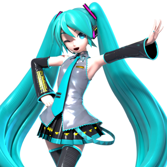 an image of Hatsune Miku, a girl with pale skin, blue eyes, and long blue hair in two large pigtails, with her pigtails replaced by strips of a thin slightly transparent material. She is standing in front of a stylized moon, with her twin tails flowing aro